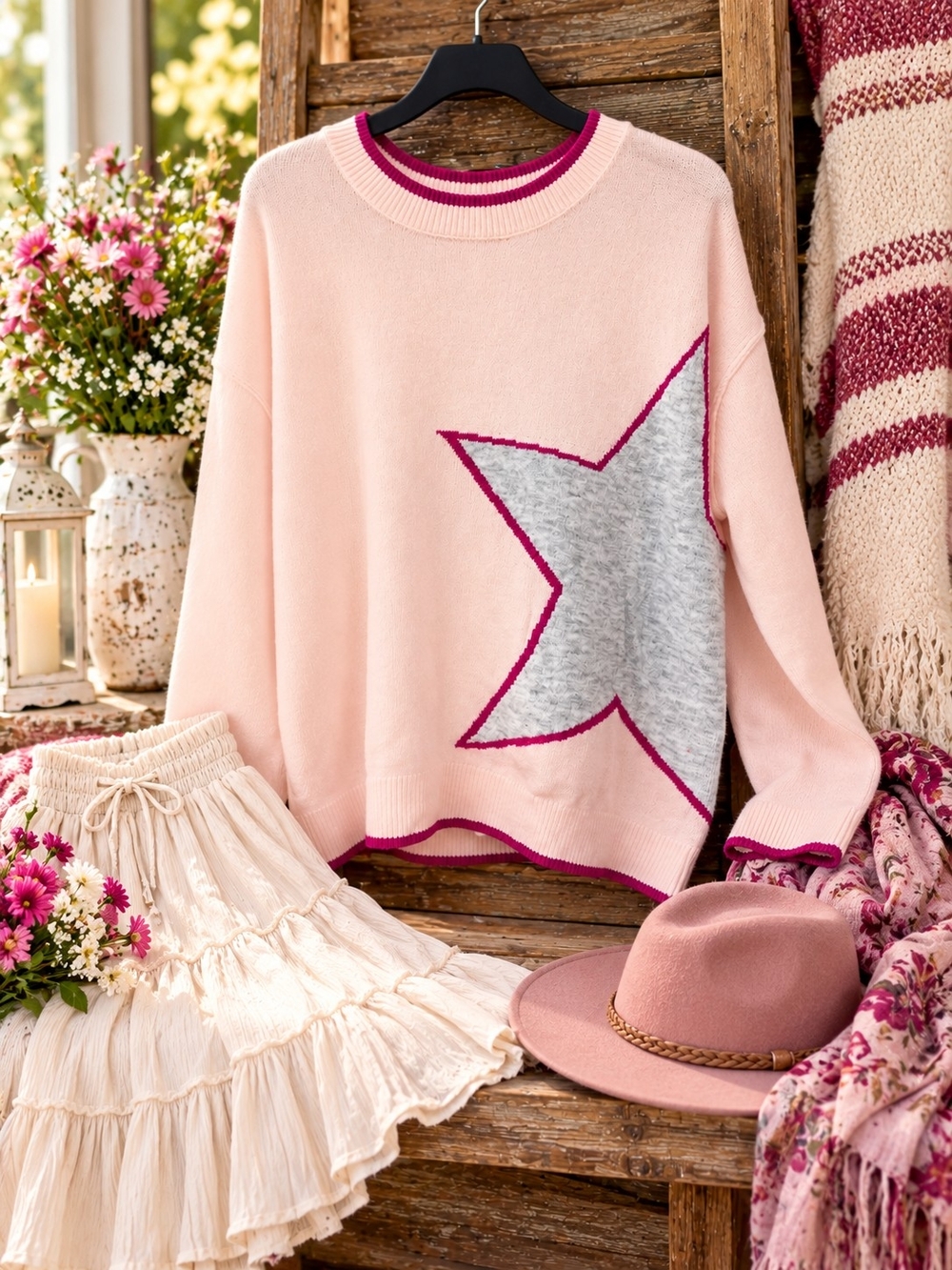Vince Camuto NWT Women’s 2X Pink Star Oversized Knit Sweater